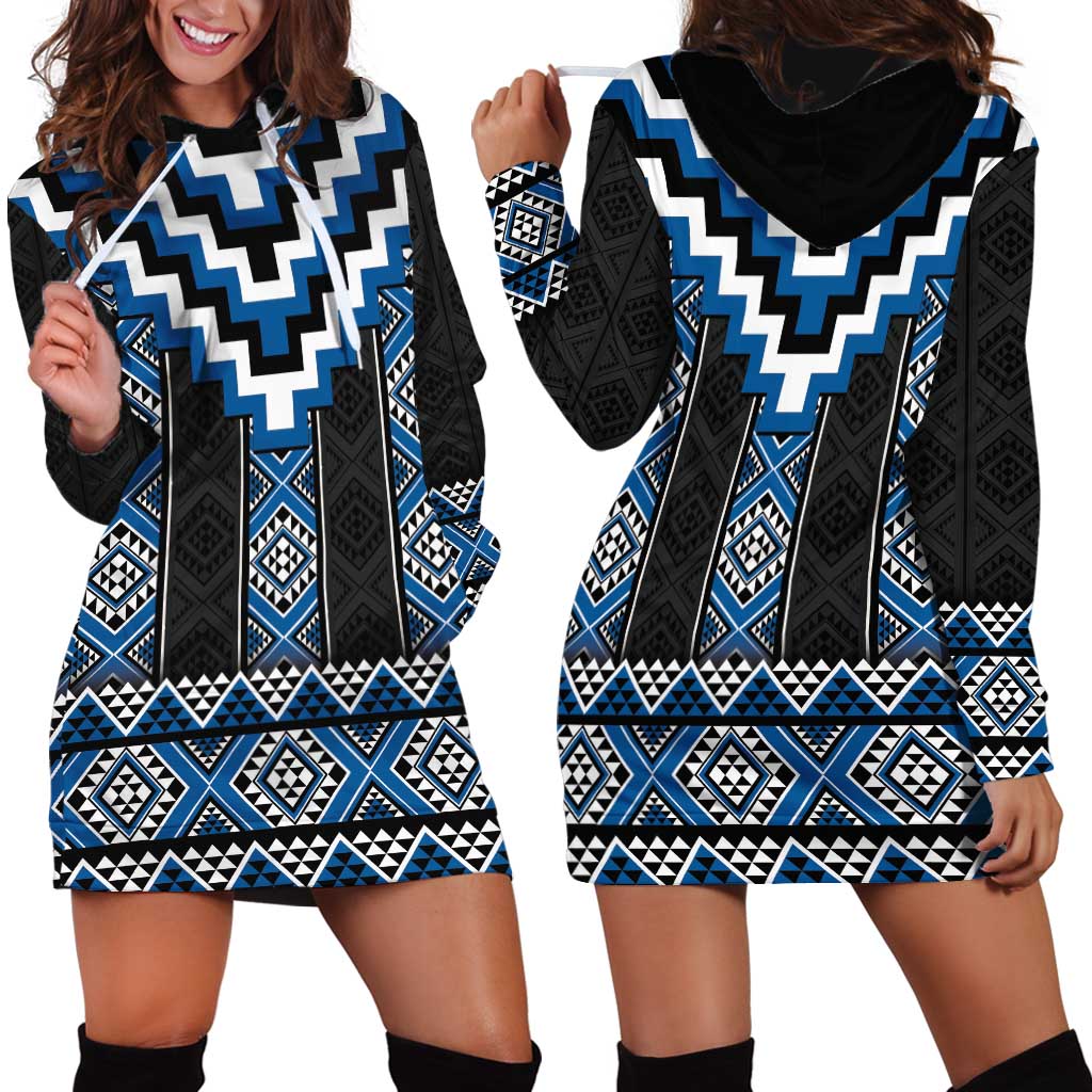 Blue Taniko Aotearoa Hoodie Dress Niho Taniwha Mix Poutama LT14 - Polynesian Pride