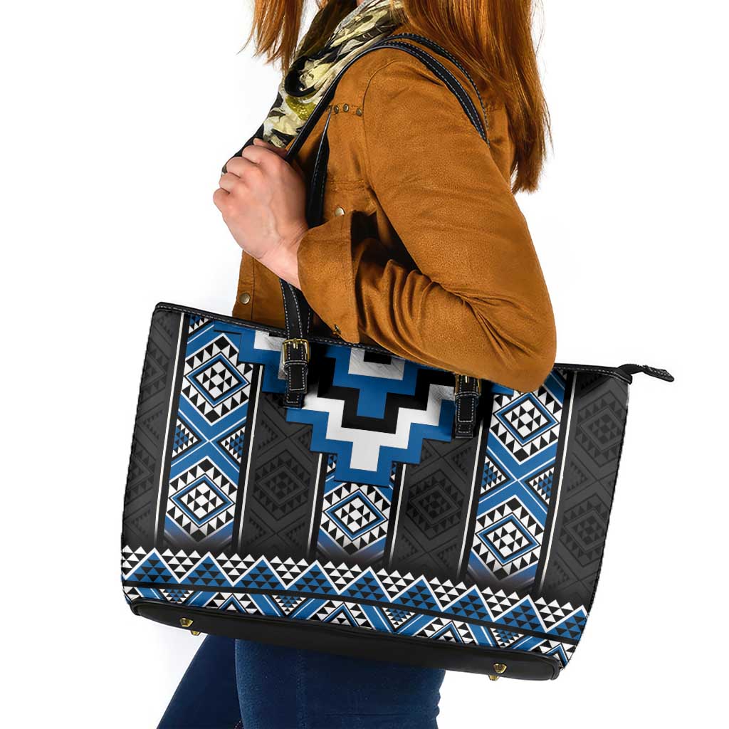 Blue Taniko Aotearoa Leather Tote Bag Niho Taniwha Mix Poutama LT14 Blue - Polynesian Pride