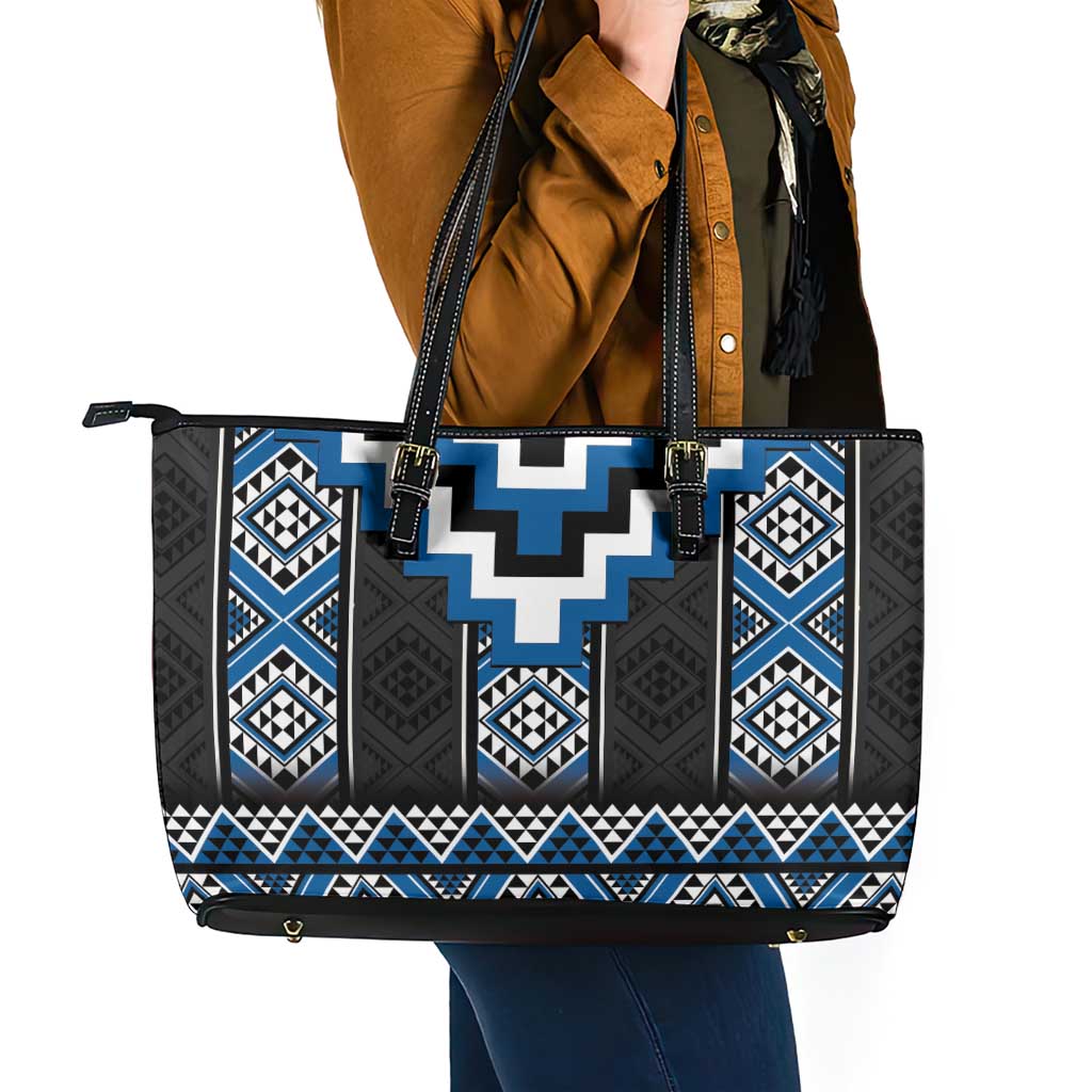 Blue Taniko Aotearoa Leather Tote Bag Niho Taniwha Mix Poutama LT14 - Polynesian Pride