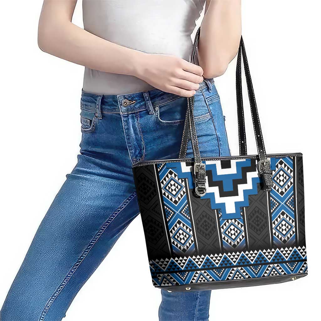 Blue Taniko Aotearoa Leather Tote Bag Niho Taniwha Mix Poutama LT14 - Polynesian Pride