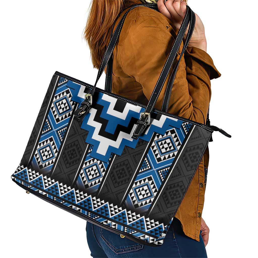Blue Taniko Aotearoa Leather Tote Bag Niho Taniwha Mix Poutama LT14 - Polynesian Pride