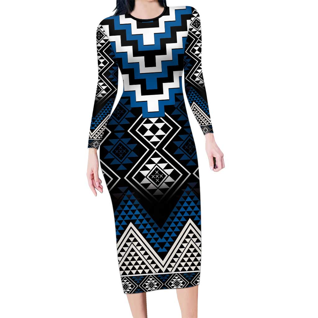 Blue Taniko Aotearoa Long Sleeve Bodycon Dress Niho Taniwha Mix Poutama