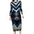 Blue Taniko Aotearoa Long Sleeve Bodycon Dress Niho Taniwha Mix Poutama