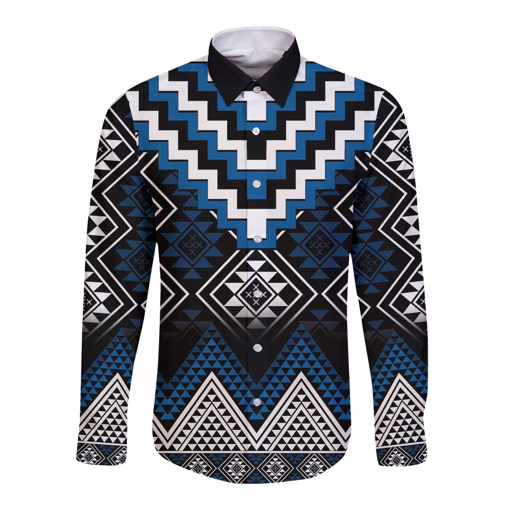 Blue Taniko Aotearoa Long Sleeve Button Shirt Niho Taniwha Mix Poutama