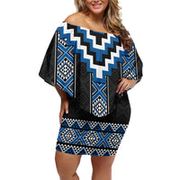 Blue Taniko Aotearoa Off Shoulder Short Dress Niho Taniwha Mix Poutama LT14 Women Blue - Polynesian Pride