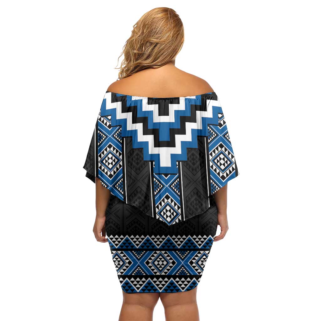 Blue Taniko Aotearoa Off Shoulder Short Dress Niho Taniwha Mix Poutama LT14 - Polynesian Pride