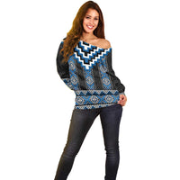 Blue Taniko Aotearoa Off Shoulder Sweater Niho Taniwha Mix Poutama LT14