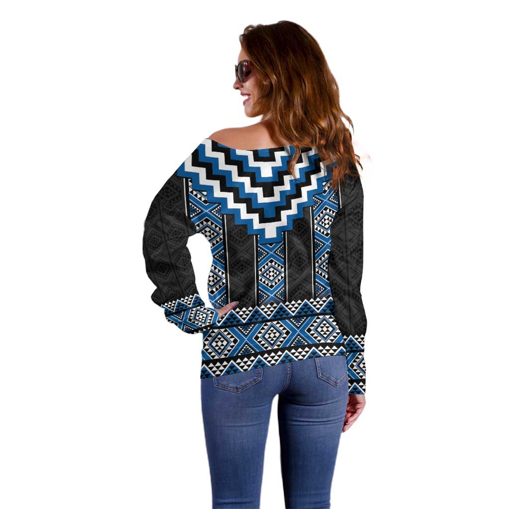 Blue Taniko Aotearoa Off Shoulder Sweater Niho Taniwha Mix Poutama LT14
