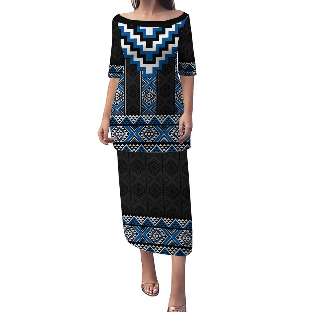 Blue Taniko Aotearoa Puletasi Niho Taniwha Mix Poutama LT14 Long Dress Blue - Polynesian Pride