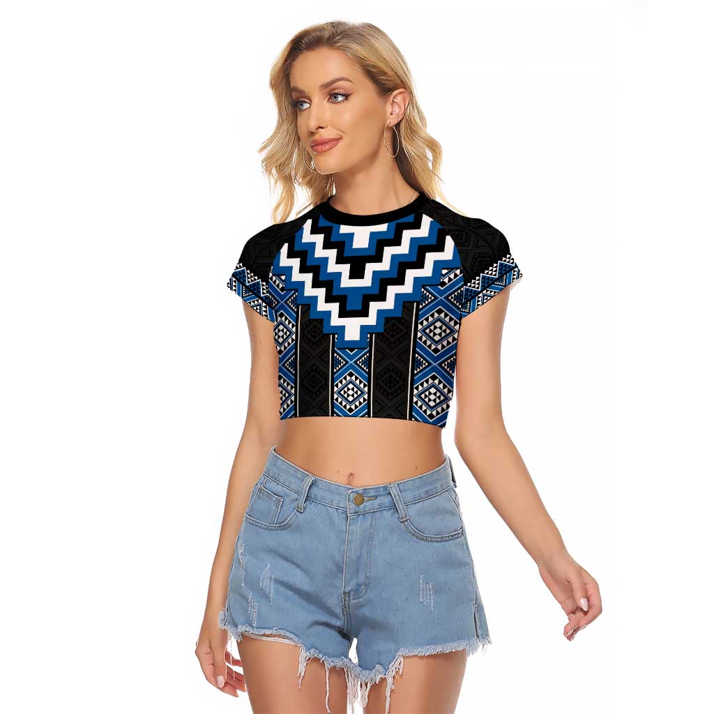 Blue Taniko Aotearoa Raglan Cropped T Shirt Niho Taniwha Mix Poutama LT14 Female Blue - Polynesian Pride