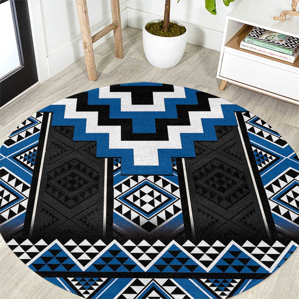 Blue Taniko Aotearoa Round Carpet Niho Taniwha Mix Poutama LT14