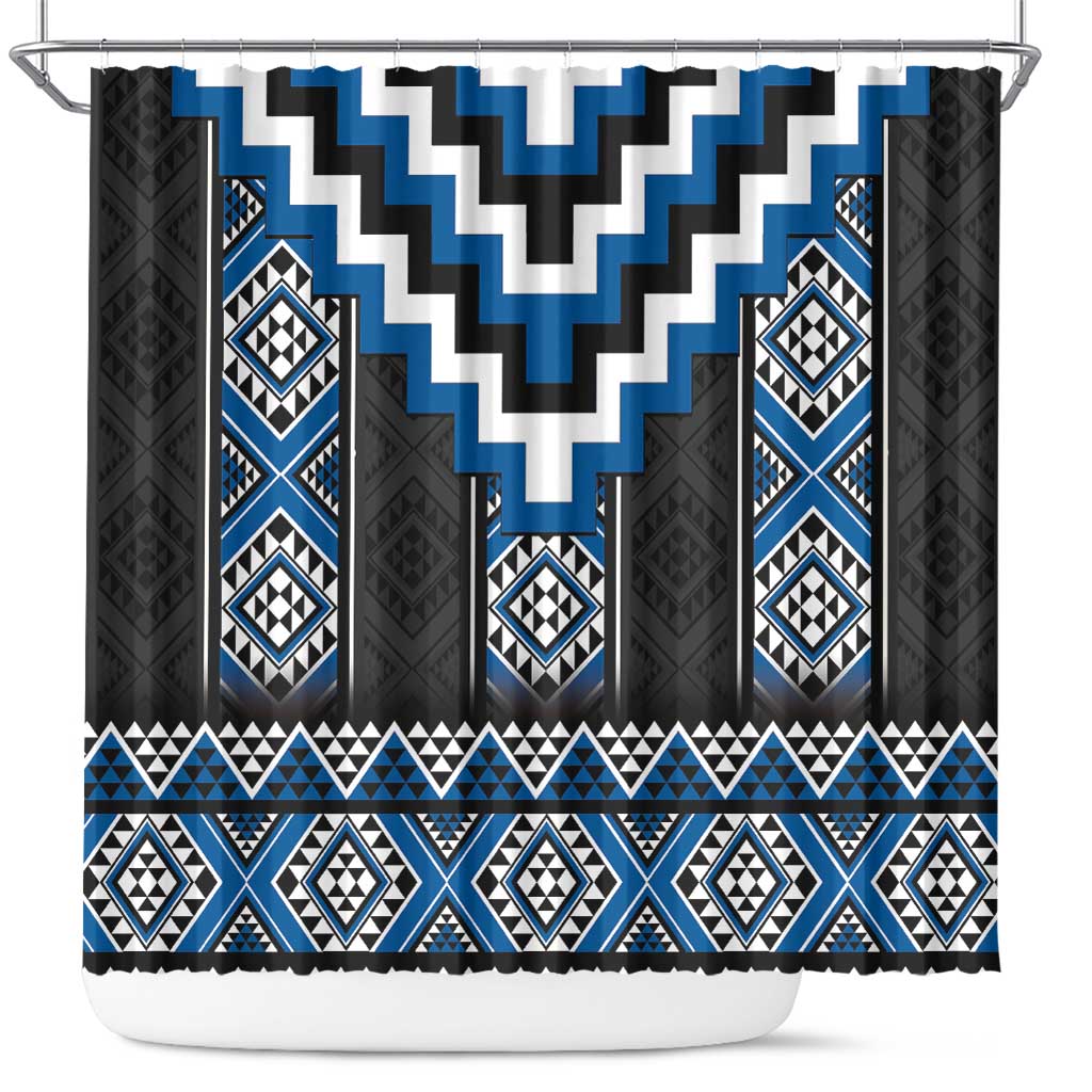 Blue Taniko Aotearoa Shower Curtain Niho Taniwha Mix Poutama LT14