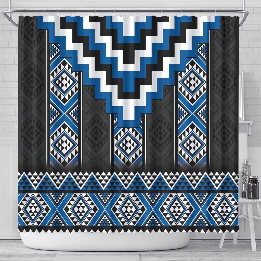 Blue Taniko Aotearoa Shower Curtain Niho Taniwha Mix Poutama LT14