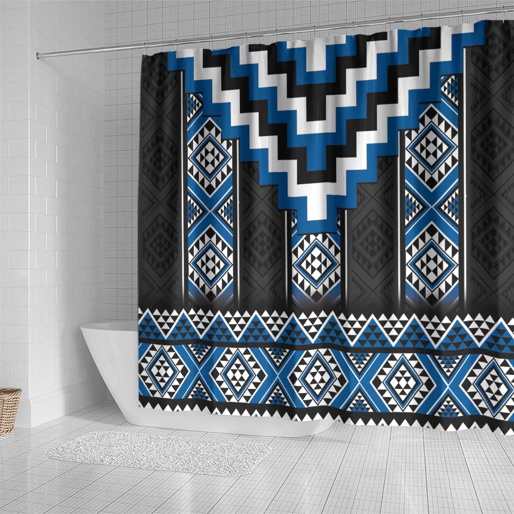 Blue Taniko Aotearoa Shower Curtain Niho Taniwha Mix Poutama LT14