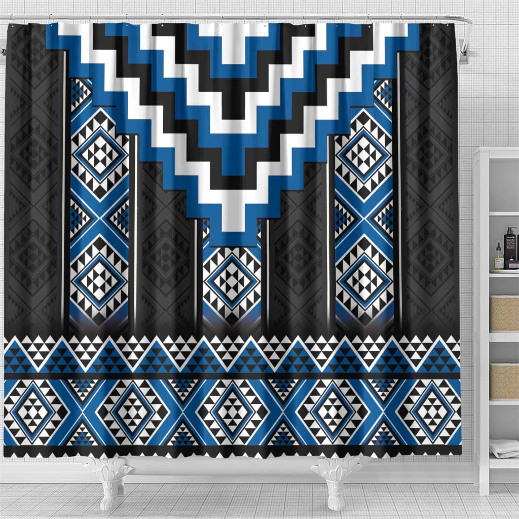 Blue Taniko Aotearoa Shower Curtain Niho Taniwha Mix Poutama LT14