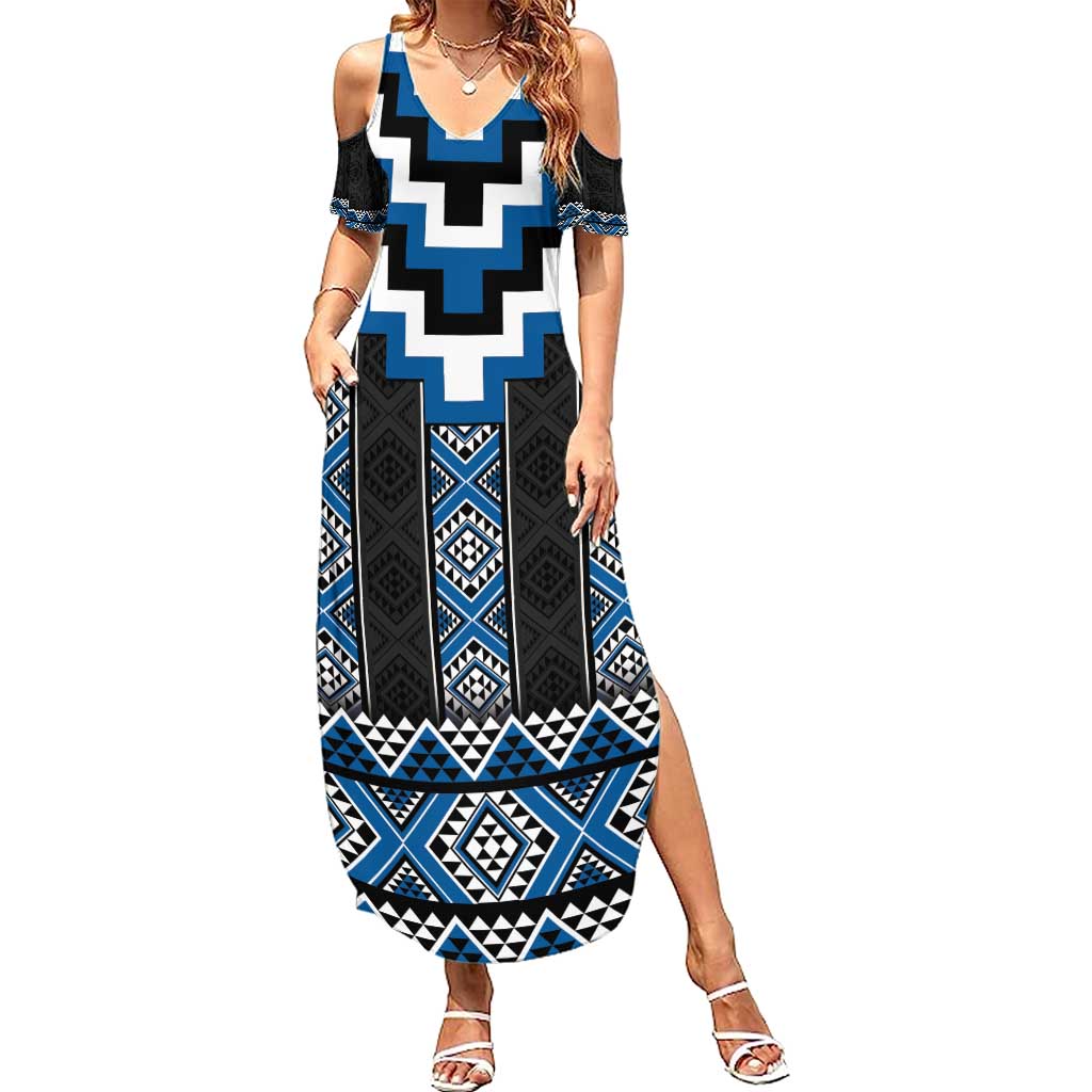Blue Taniko Aotearoa Summer Maxi Dress Niho Taniwha Mix Poutama LT14 Women Blue - Polynesian Pride