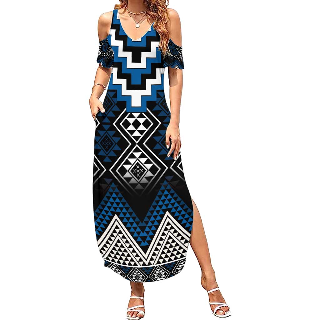 Blue Taniko Aotearoa Summer Maxi Dress Niho Taniwha Mix Poutama