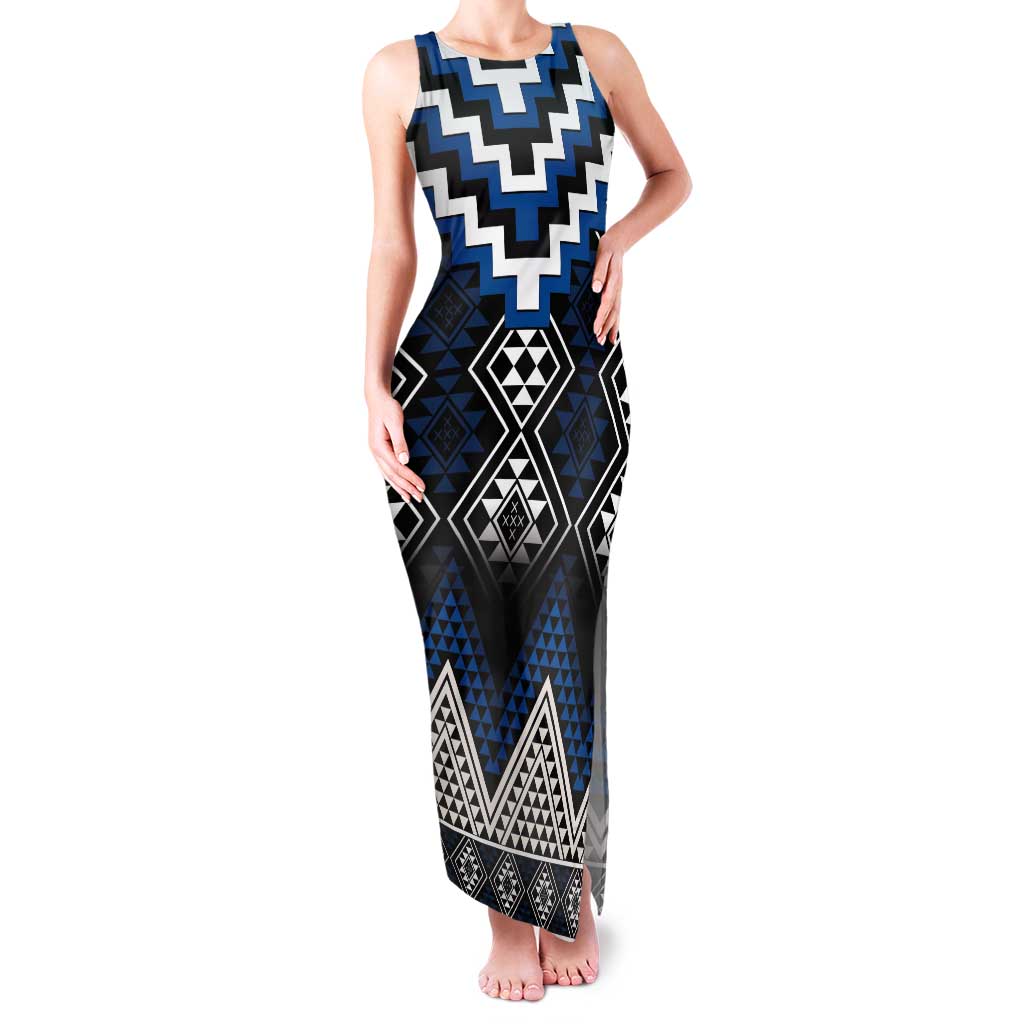 Blue Taniko Aotearoa Tank Maxi Dress Niho Taniwha Mix Poutama