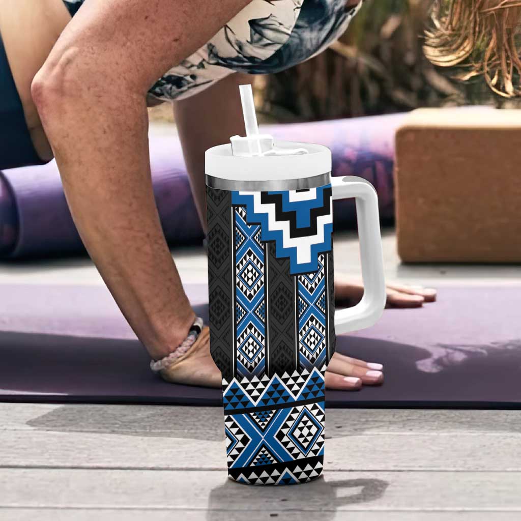 Blue Taniko Aotearoa Tumbler With Handle Niho Taniwha Mix Poutama LT14 - Polynesian Pride