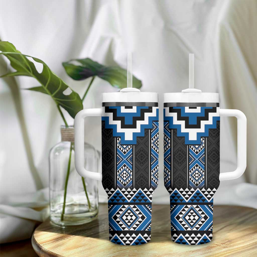 Blue Taniko Aotearoa Tumbler With Handle Niho Taniwha Mix Poutama LT14 - Polynesian Pride