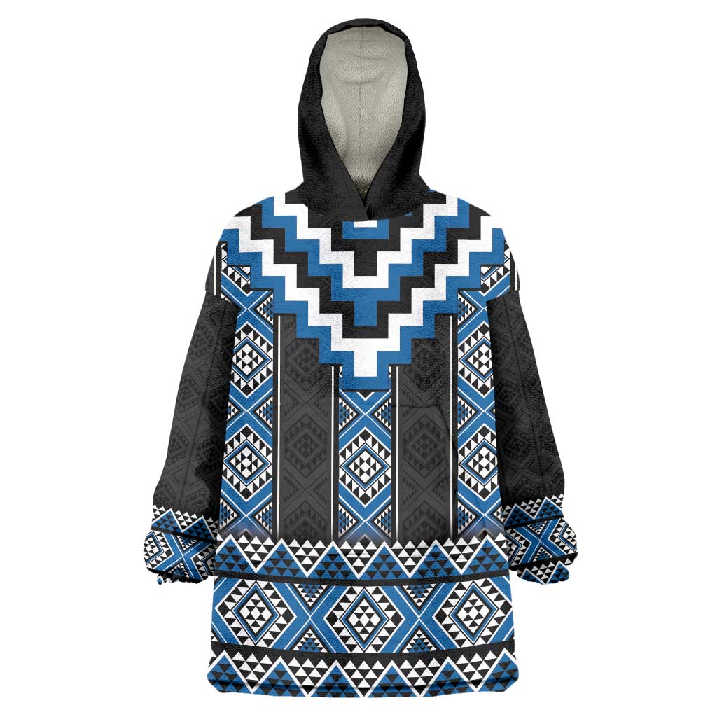 Blue Taniko Aotearoa Wearable Blanket Hoodie Niho Taniwha Mix Poutama LT14 One Size Blue - Polynesian Pride