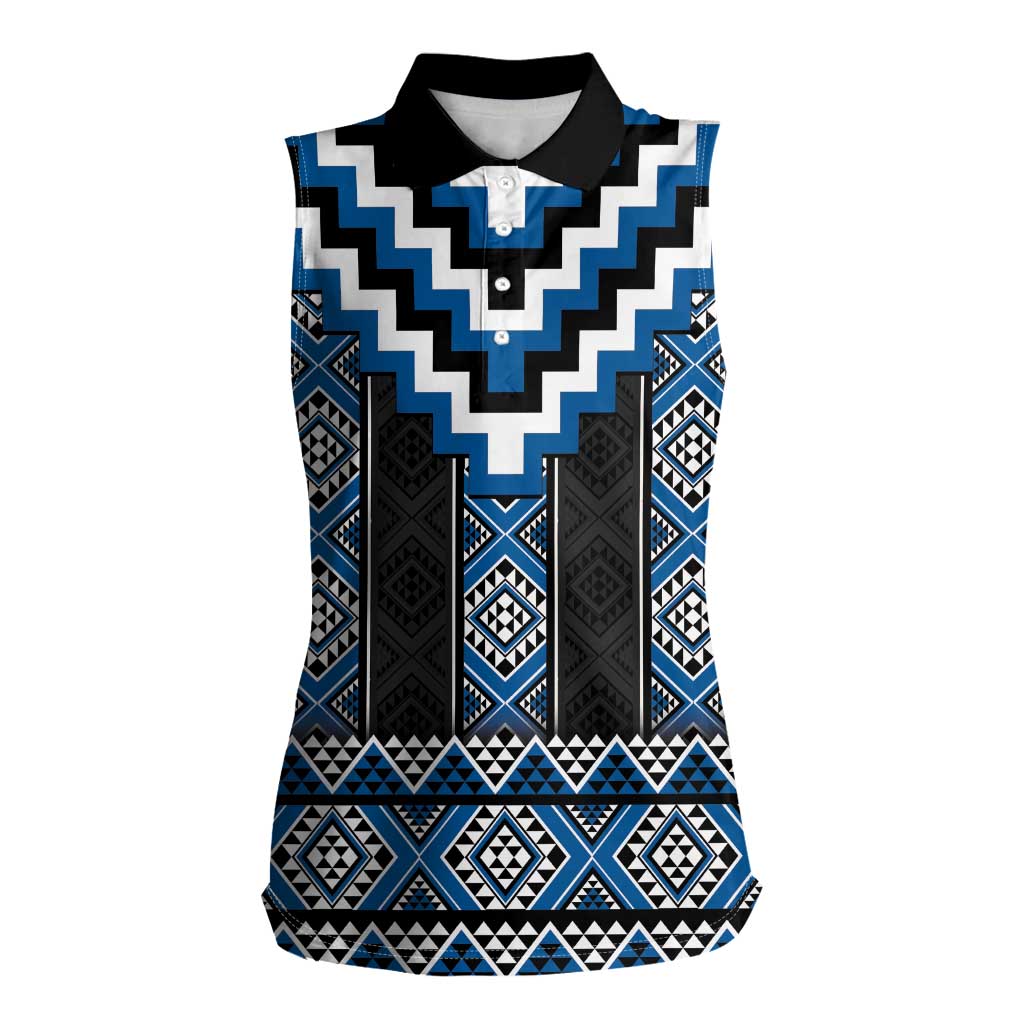 Blue Taniko Aotearoa Women Sleeveless Polo Shirt Niho Taniwha Mix Poutama LT14 Female Blue - Polynesian Pride