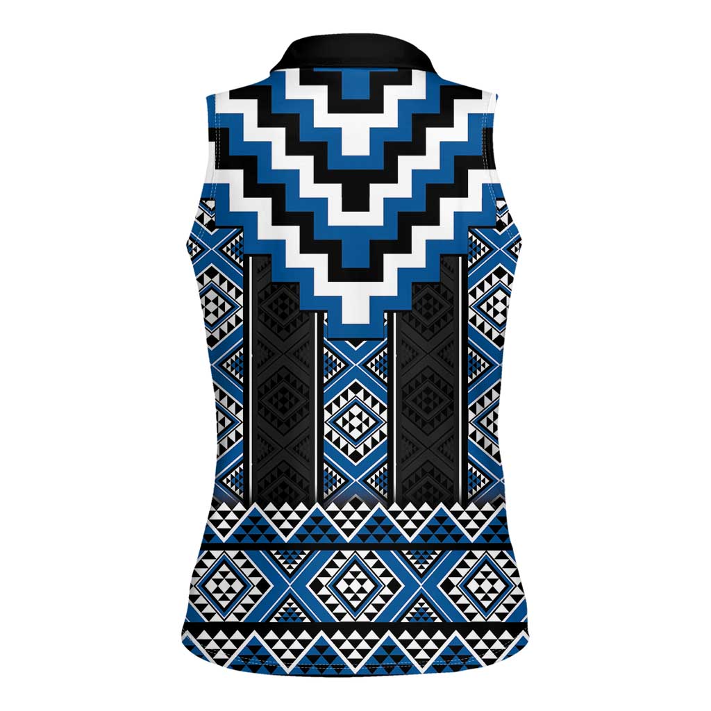 Blue Taniko Aotearoa Women Sleeveless Polo Shirt Niho Taniwha Mix Poutama LT14 - Polynesian Pride