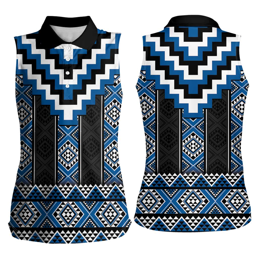 Blue Taniko Aotearoa Women Sleeveless Polo Shirt Niho Taniwha Mix Poutama LT14 - Polynesian Pride