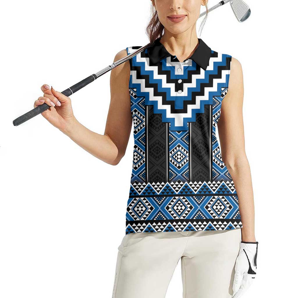 Blue Taniko Aotearoa Women Sleeveless Polo Shirt Niho Taniwha Mix Poutama LT14 - Polynesian Pride