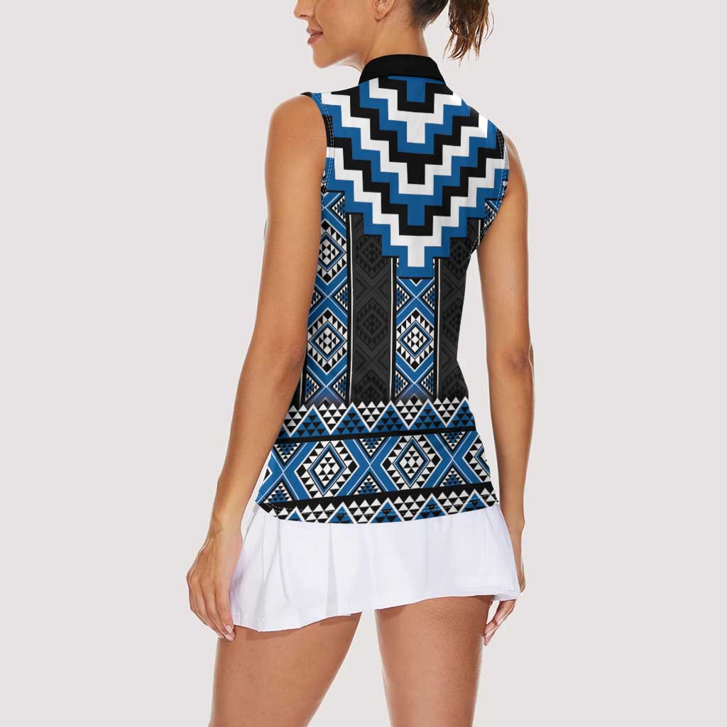 Blue Taniko Aotearoa Women Sleeveless Polo Shirt Niho Taniwha Mix Poutama LT14 - Polynesian Pride