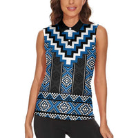 Blue Taniko Aotearoa Women Sleeveless Polo Shirt Niho Taniwha Mix Poutama LT14 - Polynesian Pride