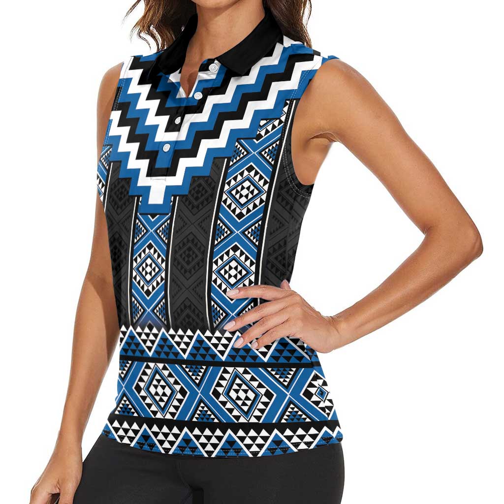 Blue Taniko Aotearoa Women Sleeveless Polo Shirt Niho Taniwha Mix Poutama LT14 - Polynesian Pride
