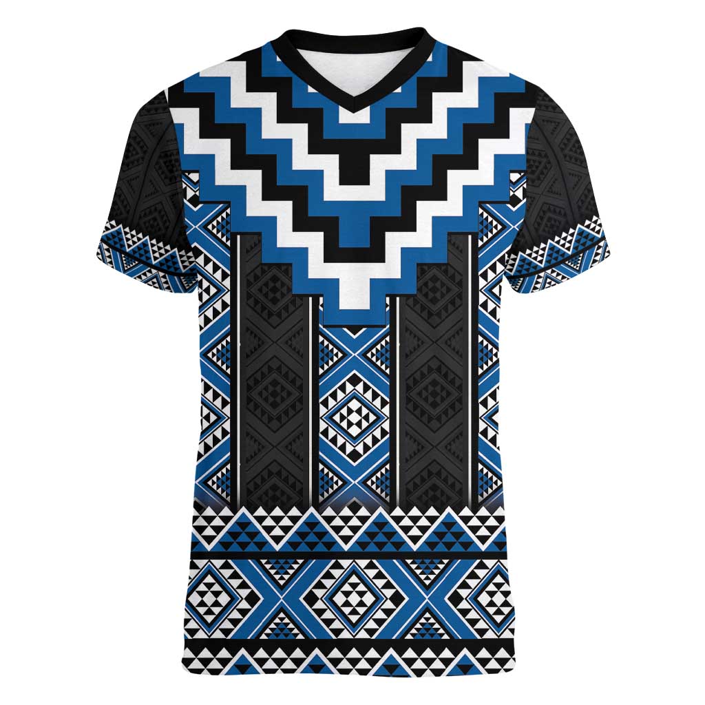 Blue Taniko Aotearoa Women V-Neck T-Shirt Niho Taniwha Mix Poutama LT14 Female Blue - Polynesian Pride