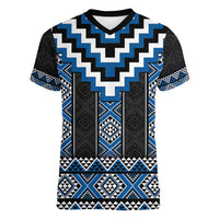 Blue Taniko Aotearoa Women V-Neck T-Shirt Niho Taniwha Mix Poutama LT14 Female Blue - Polynesian Pride