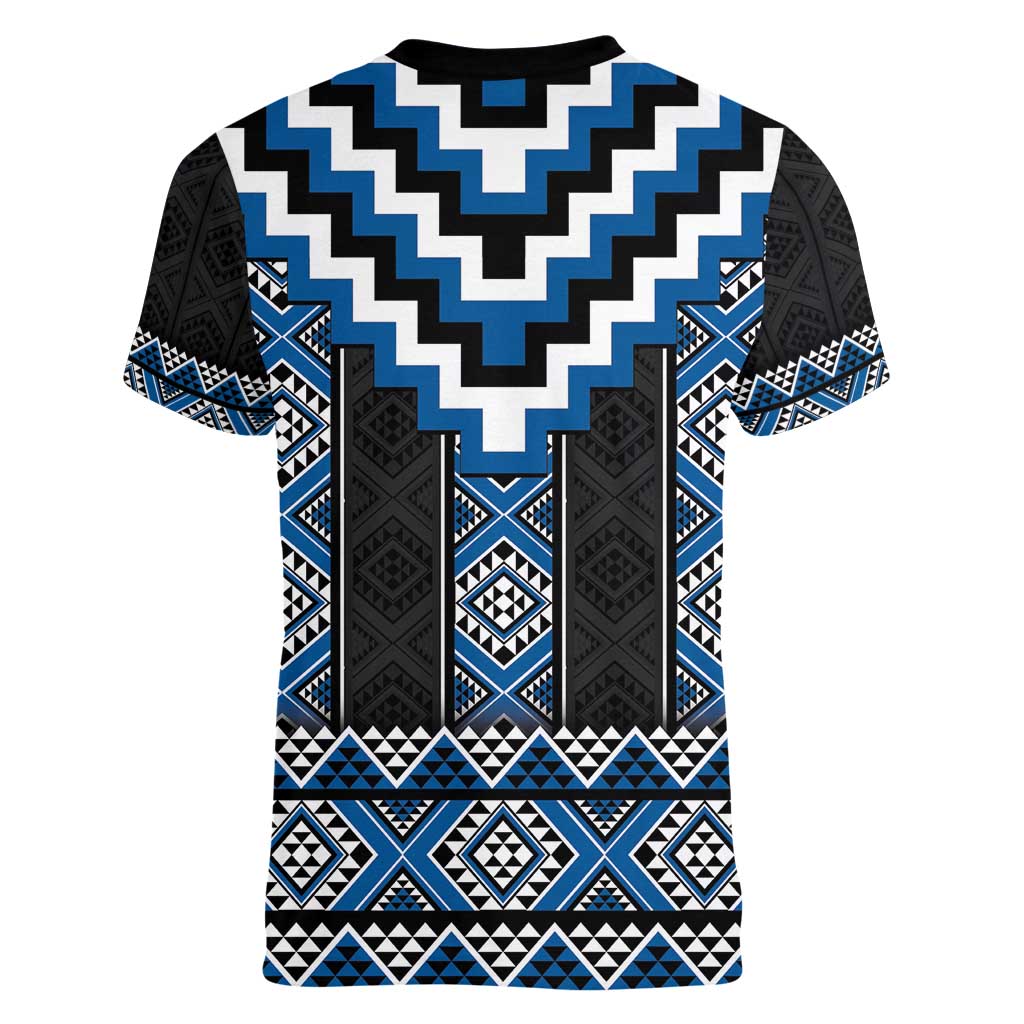 Blue Taniko Aotearoa Women V-Neck T-Shirt Niho Taniwha Mix Poutama LT14 - Polynesian Pride