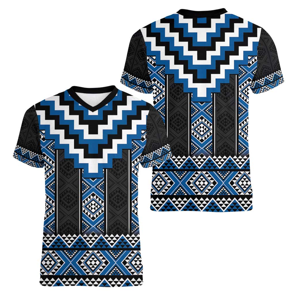 Blue Taniko Aotearoa Women V-Neck T-Shirt Niho Taniwha Mix Poutama LT14 - Polynesian Pride