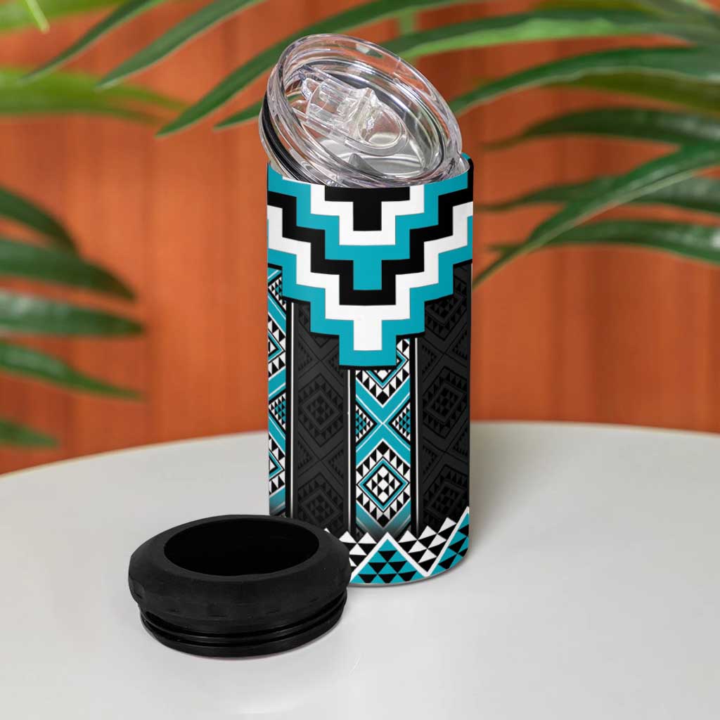 Turquoise Taniko Pattern Aotearoa 4 in 1 Can Cooler Tumbler Niho Taniwha Mix Poutama LT14 - Polynesian Pride