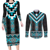 Turquoise Taniko Pattern Aotearoa Couples Matching Long Sleeve Bodycon Dress and Long Sleeve Button Shirt Niho Taniwha Mix Poutama LT14 Turquoise - Polynesian Pride