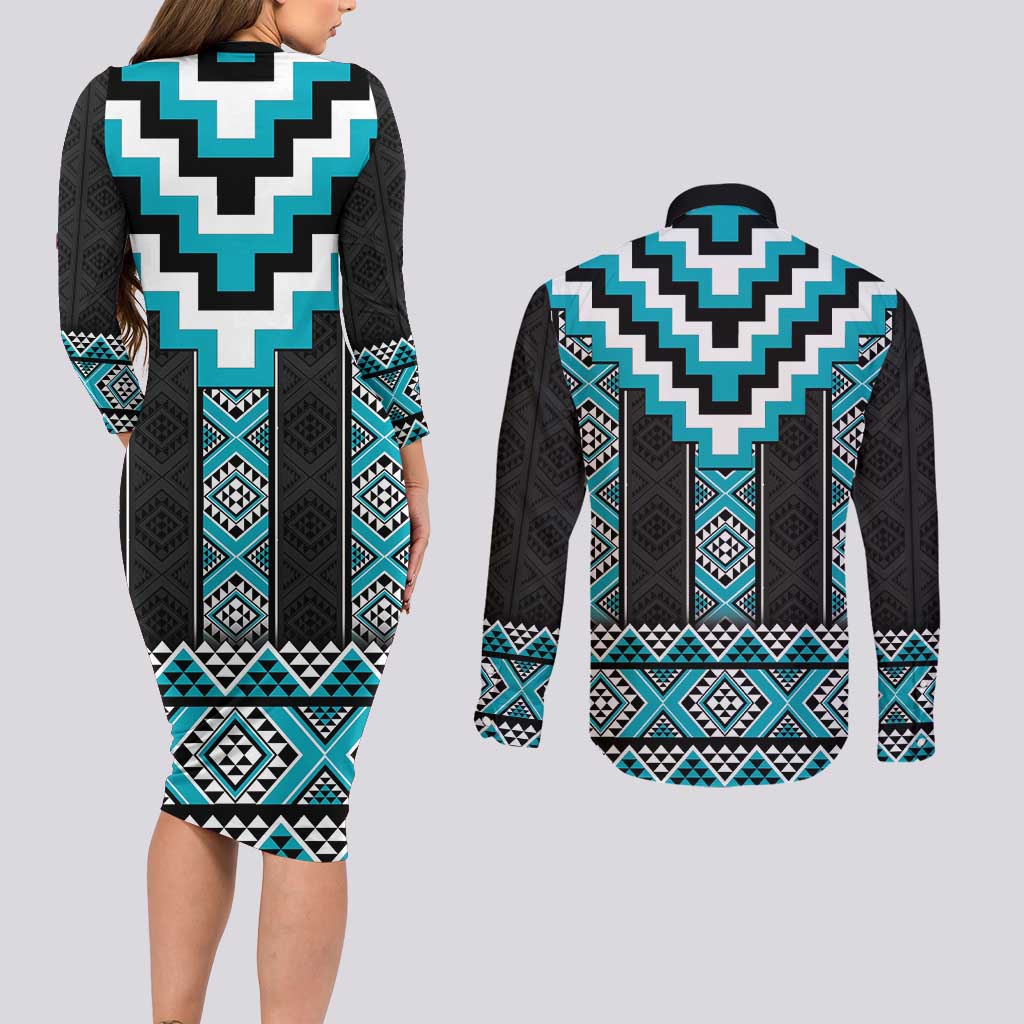 Turquoise Taniko Pattern Aotearoa Couples Matching Long Sleeve Bodycon Dress and Long Sleeve Button Shirt Niho Taniwha Mix Poutama LT14 - Polynesian Pride
