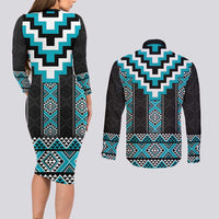Turquoise Taniko Pattern Aotearoa Couples Matching Long Sleeve Bodycon Dress and Long Sleeve Button Shirt Niho Taniwha Mix Poutama LT14 - Polynesian Pride
