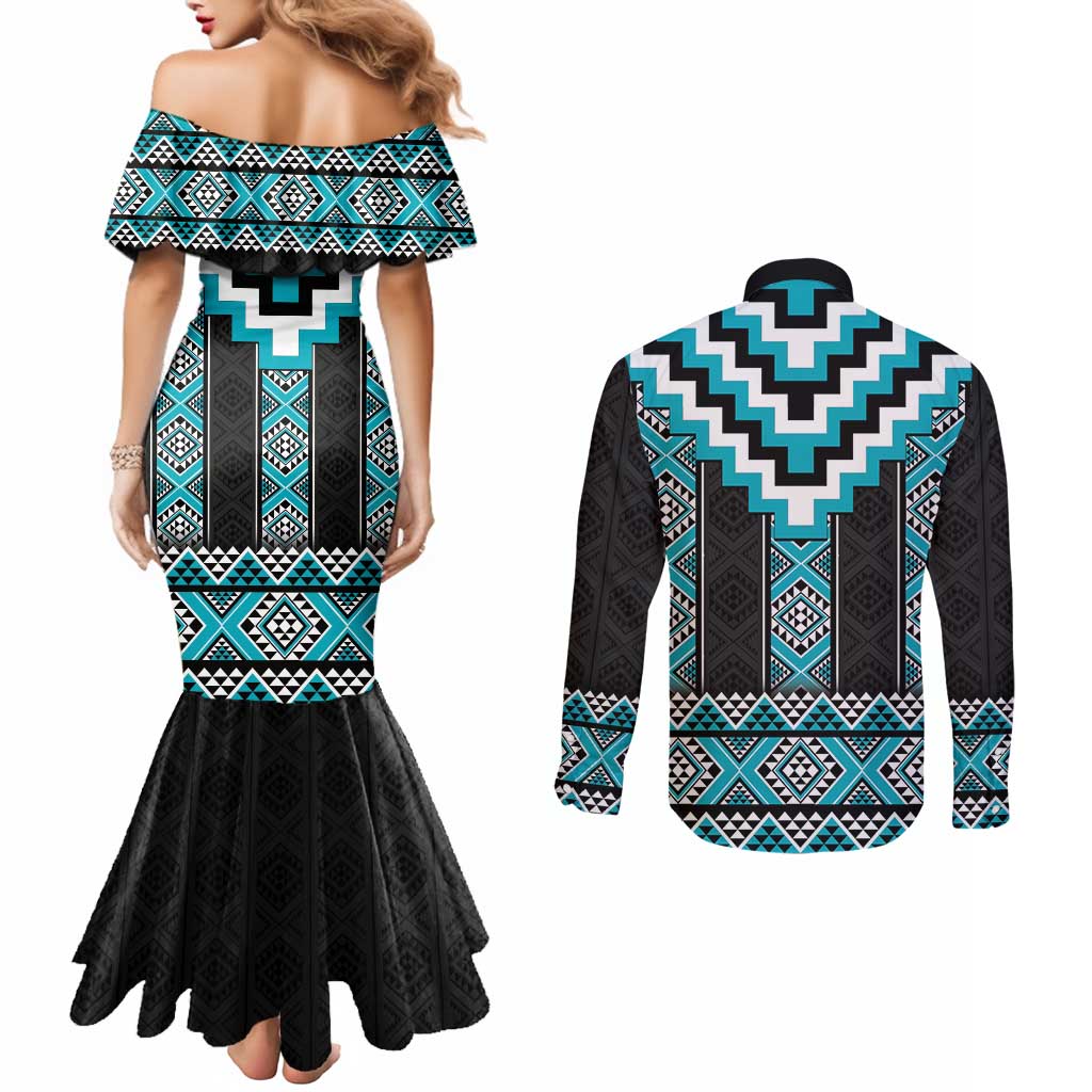 Turquoise Taniko Pattern Aotearoa Couples Matching Mermaid Dress and Long Sleeve Button Shirt Niho Taniwha Mix Poutama LT14 - Polynesian Pride