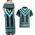 Turquoise Taniko Pattern Aotearoa Couples Matching Off Shoulder Maxi Dress and Hawaiian Shirt Niho Taniwha Mix Poutama LT14