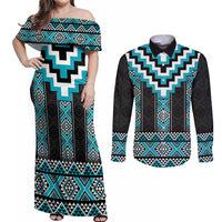 Turquoise Taniko Pattern Aotearoa Couples Matching Off Shoulder Maxi Dress and Long Sleeve Button Shirt Niho Taniwha Mix Poutama LT14 Turquoise - Polynesian Pride