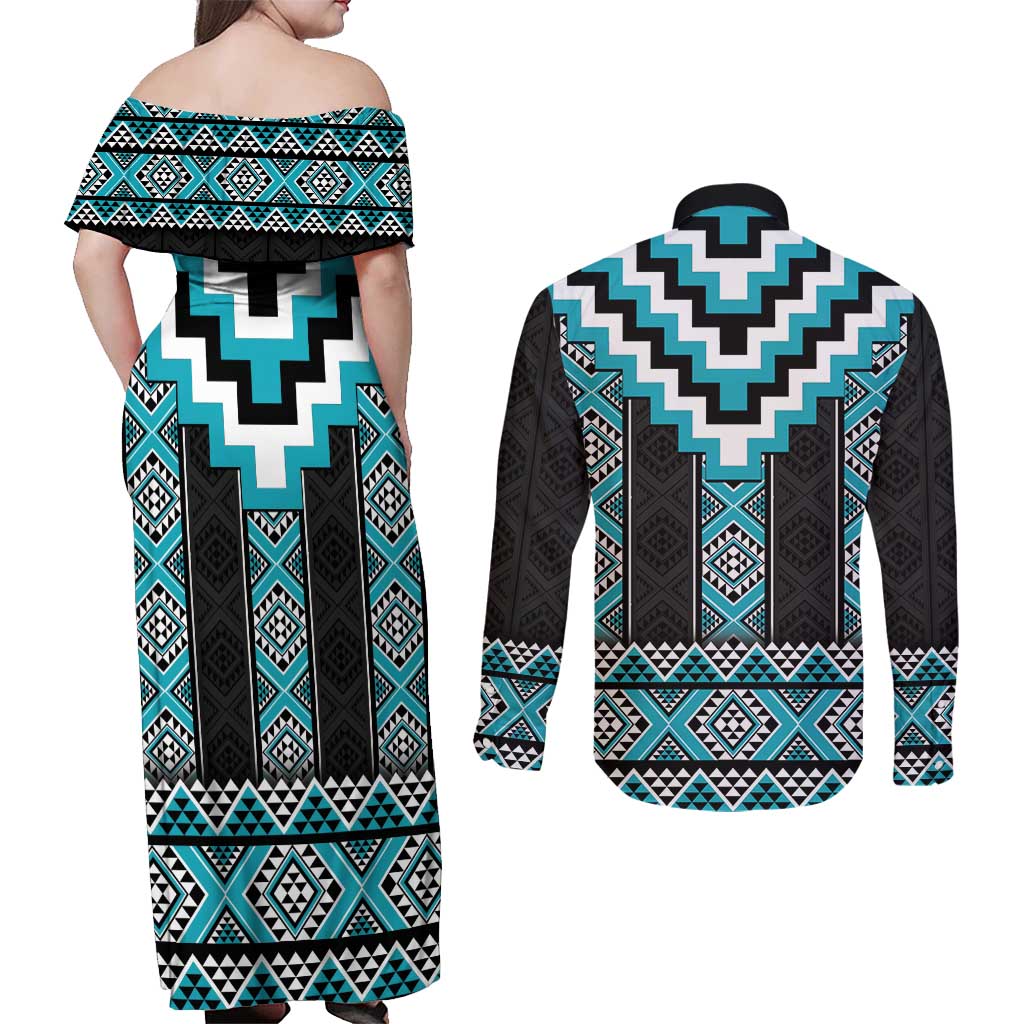 Turquoise Taniko Pattern Aotearoa Couples Matching Off Shoulder Maxi Dress and Long Sleeve Button Shirt Niho Taniwha Mix Poutama LT14 - Polynesian Pride