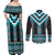 Turquoise Taniko Pattern Aotearoa Couples Matching Off Shoulder Maxi Dress and Long Sleeve Button Shirt Niho Taniwha Mix Poutama LT14