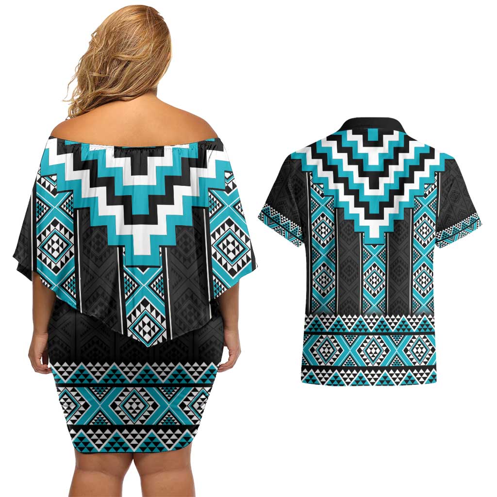 Turquoise Taniko Pattern Aotearoa Couples Matching Off Shoulder Short Dress and Hawaiian Shirt Niho Taniwha Mix Poutama LT14 - Polynesian Pride