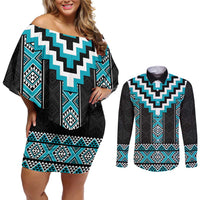 Turquoise Taniko Pattern Aotearoa Couples Matching Off Shoulder Short Dress and Long Sleeve Button Shirt Niho Taniwha Mix Poutama LT14 Turquoise - Polynesian Pride