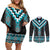 Turquoise Taniko Pattern Aotearoa Couples Matching Off Shoulder Short Dress and Long Sleeve Button Shirt Niho Taniwha Mix Poutama LT14