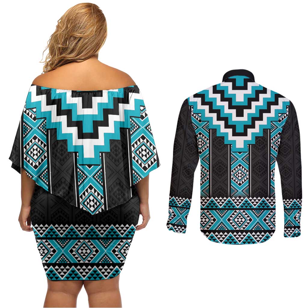 Turquoise Taniko Pattern Aotearoa Couples Matching Off Shoulder Short Dress and Long Sleeve Button Shirt Niho Taniwha Mix Poutama LT14 - Polynesian Pride