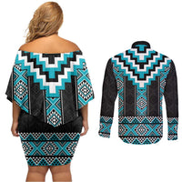 Turquoise Taniko Pattern Aotearoa Couples Matching Off Shoulder Short Dress and Long Sleeve Button Shirt Niho Taniwha Mix Poutama LT14 - Polynesian Pride